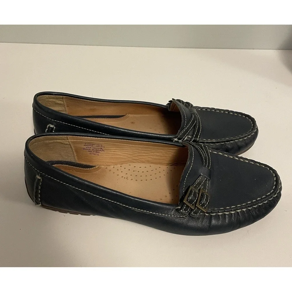 L.L..Bean Women's Sz8.5M‎ Classic Navy Loafers Driving Moccasins Leather Buckles